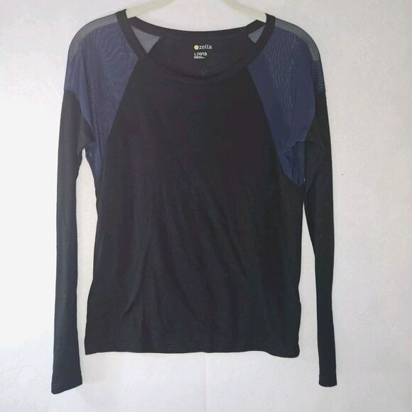 ZELLA Black Long Sleeve Top Blue Sheer Shoulder Sz L (10/12) - Picture 1 of 8